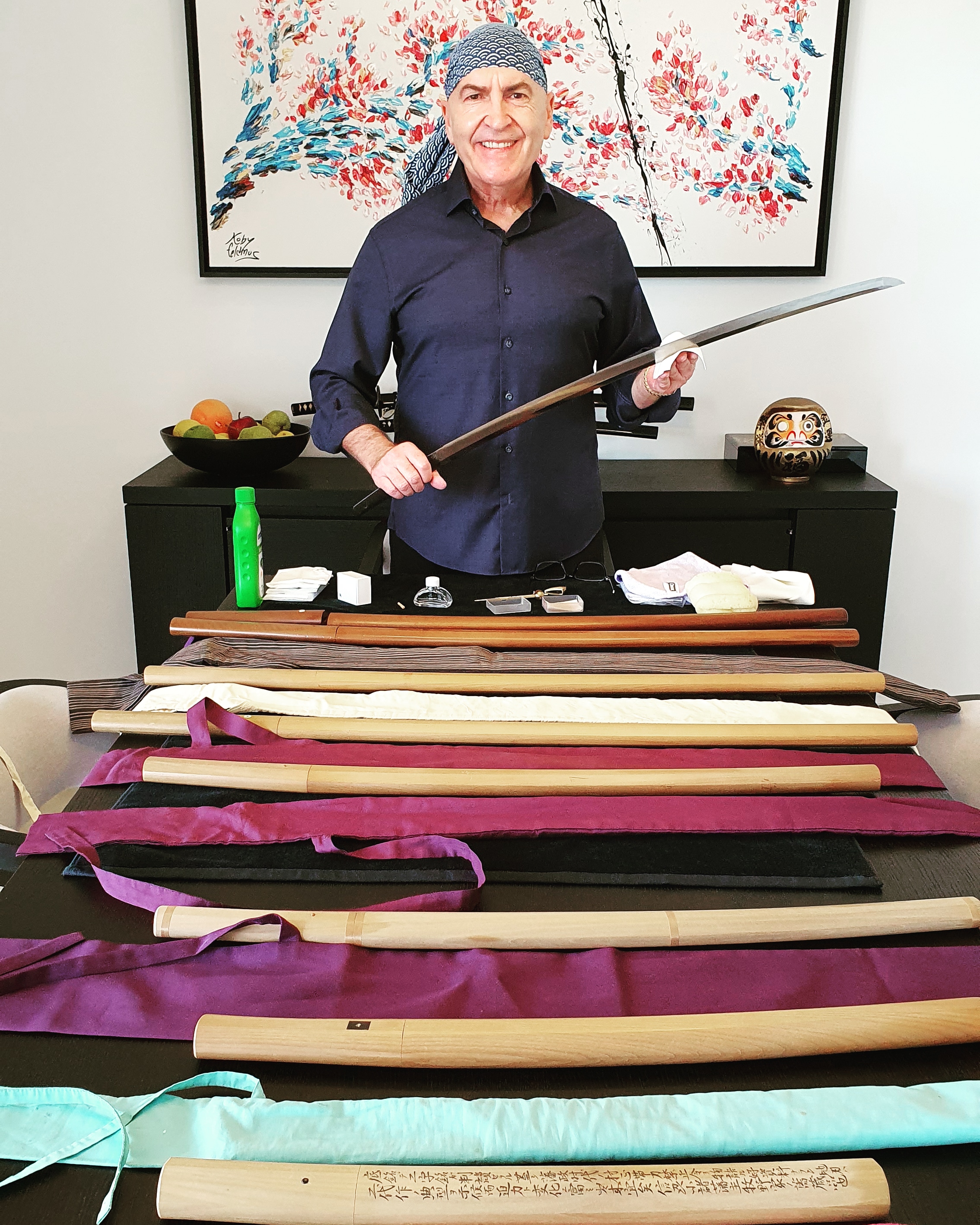 Kim Broemer's Japanese sword collection displayed at home - Cleaning Day - Unique Japan